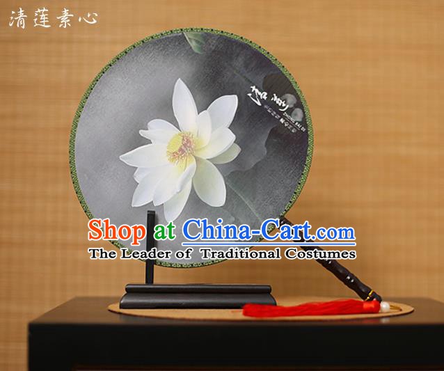 Traditional Chinese Crafts Printing Lotus Black Round Fan, China Palace Fans Princess Silk Circular Fans for Women