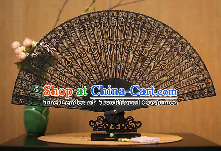 Traditional Chinese Crafts Ebony Folding Fan Carving Sandalwood Fans for Women