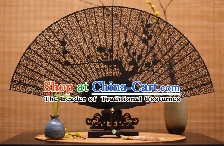 Traditional Chinese Crafts Ebony Folding Fan Carving Wintersweet Sandalwood Fans for Women