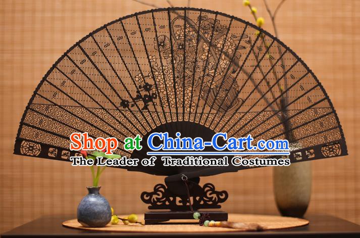 Traditional Chinese Crafts Ebony Folding Fan Carving Flowers Sandalwood Fans for Women