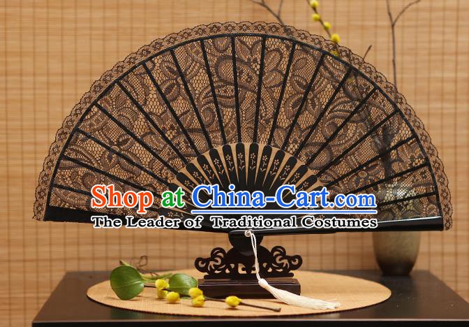 Traditional Chinese Crafts Black Lace Folding Fan Hollow Out Fans for Women