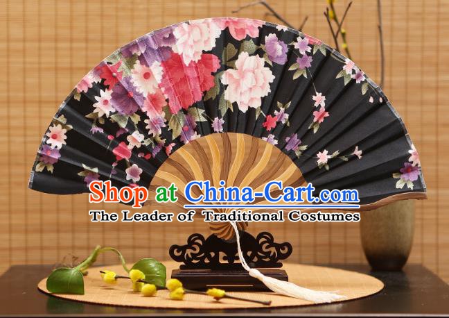 Traditional Chinese Crafts Printing Black Silk Folding Fan Sensu Fans for Women