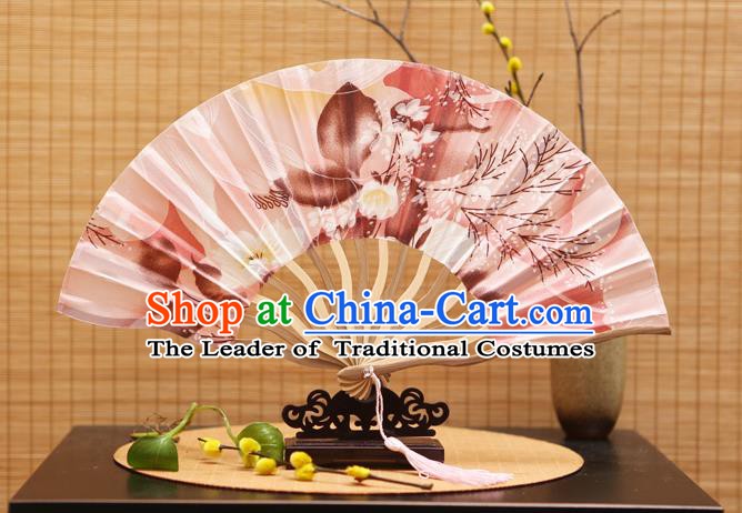 Traditional Chinese Crafts Printing Pink Silk Folding Fan Sensu Fans for Women