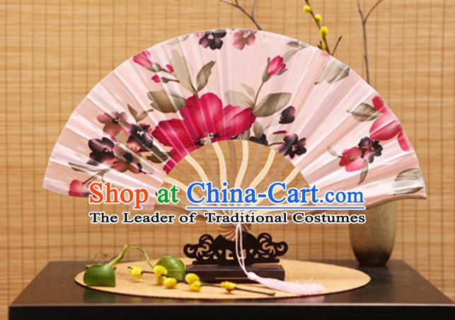 Traditional Chinese Crafts Printing Flowers Pink Silk Folding Fan Sensu Fans for Women