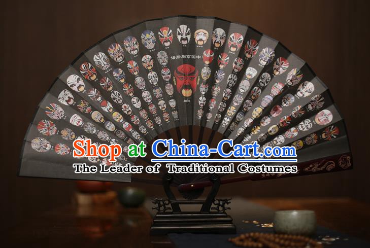 Traditional Chinese Crafts Printing Facial Makeup Black Folding Fan, China Sculpture Framework Silk Fans for Men