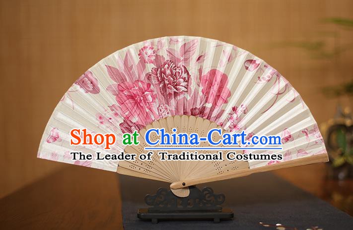 Traditional Chinese Crafts White Folding Fans Printing Flowers Silk Fan for Women