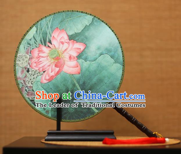 Traditional Chinese Crafts Printing Lotus Round Fan, China Palace Fans Princess Silk Circular Fans for Women