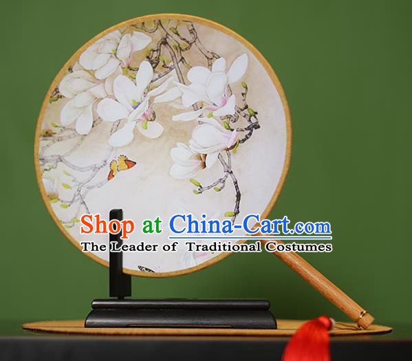 Traditional Chinese Crafts Painting Magnolia Rosewood Round Fan, China Palace Fans Princess Silk Circular Fans for Women