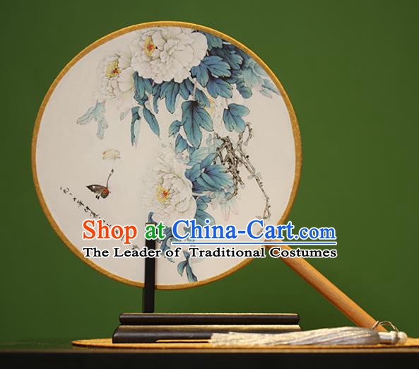 Traditional Chinese Crafts Painting Peony Rosewood Round Fan, China Palace Fans Princess Silk Circular Fans for Women