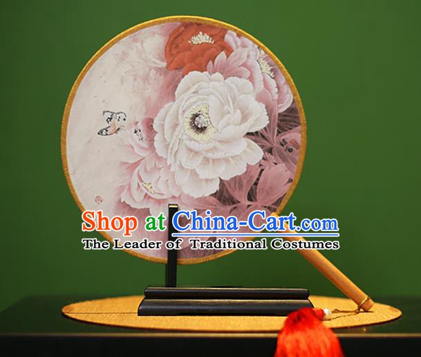 Traditional Chinese Crafts Painting Peony Rosewood Round Fan, China Palace Fans Princess Silk Circular Fans for Women