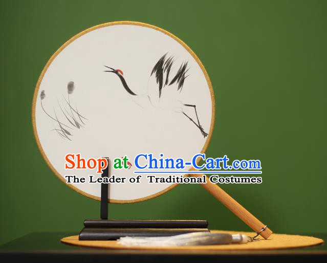 Traditional Chinese Crafts Ink Painting Crane Rosewood Round Fan, China Palace Fans Princess Silk Circular Fans for Women