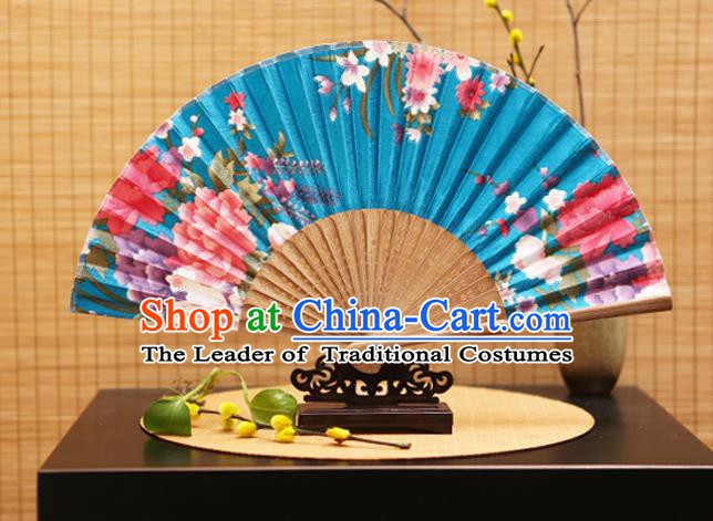 Traditional Chinese Crafts Folding Fans Printing Peony Flowers Blue Silk Fan for Women