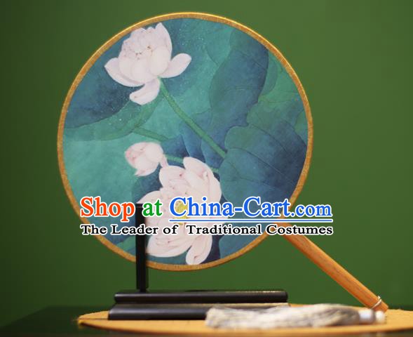 Traditional Chinese Crafts Printing Lotus Round Fan, China Palace Fans Princess Silk Circular Fans for Women