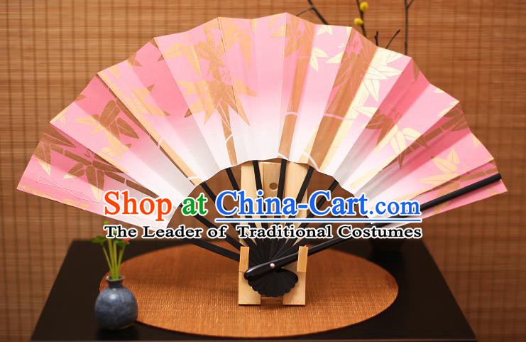 Traditional Chinese Crafts Printing Bamboo Pink Paper Folding Fan Sensu Fans for Women