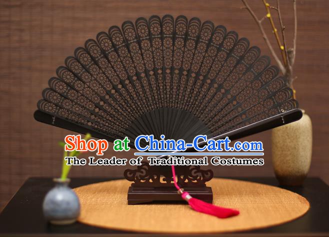 Traditional Chinese Crafts Black Folding Fan Hollow Out Bamboo Fans for Women