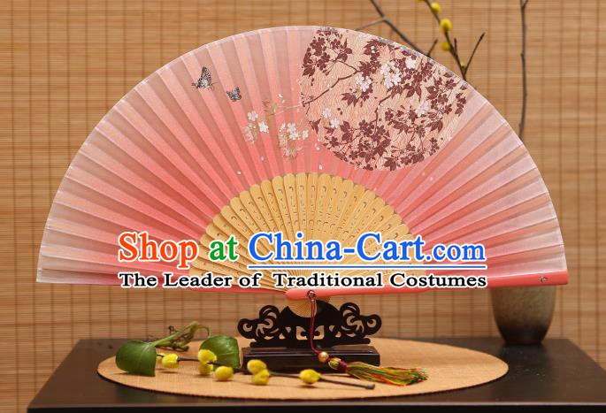 Traditional Chinese Crafts Printing Oriental Cherry Pink Folding Fan, China Beijing Opera Silk Fans for Women