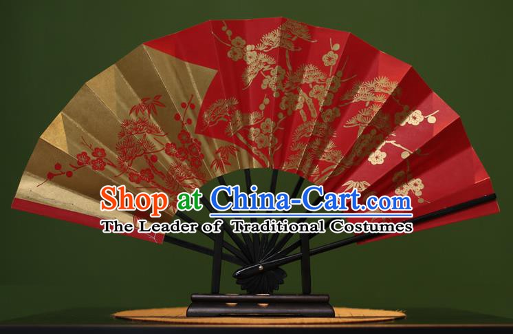 Traditional Chinese Crafts Printing Plum Blossom Red Paper Folding Fan Sensu Fans for Women