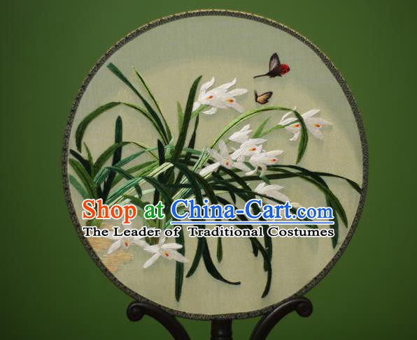 Traditional Chinese Crafts Embroidered Orchid Round Fan, China Palace Fans Princess Silk Circular Fans for Women