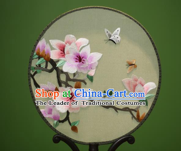 Traditional Chinese Crafts Embroidered Magnolia Round Fan, China Palace Fans Princess Silk Circular Fans for Women