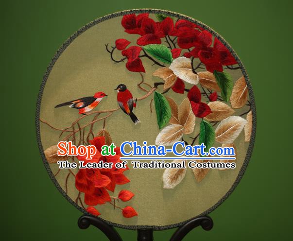 Traditional Chinese Crafts Embroidered Flowers Birds Round Fan, China Palace Fans Princess Silk Circular Fans for Women