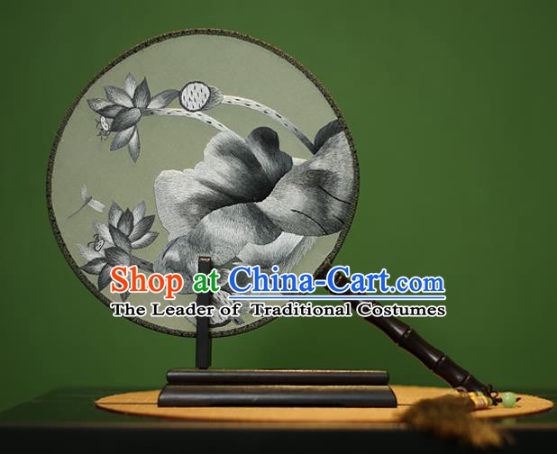 Traditional Chinese Crafts Embroidered Lotus Round Fan, China Palace Fans Princess Silk Circular Fans for Women