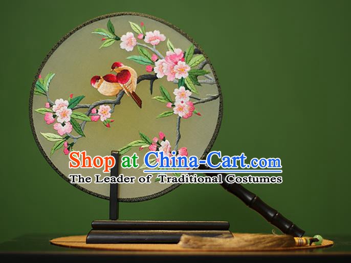 Traditional Chinese Crafts Embroidered Birds Flowers Round Fan, China Palace Fans Princess Silk Circular Fans for Women