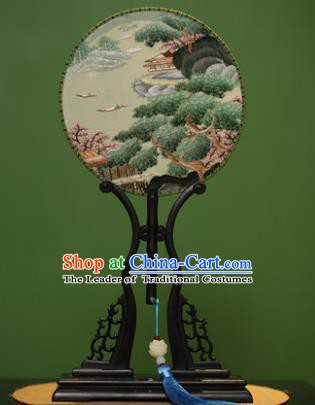 Traditional Chinese Crafts Embroidered Pine Round Fan, China Palace Fans Princess Silk Circular Fans for Women