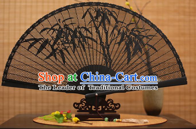 Traditional Chinese Crafts Black Sandalwood Folding Fan, Chinese Hollow Out Bamboo Fans Bamboo Fans for Women