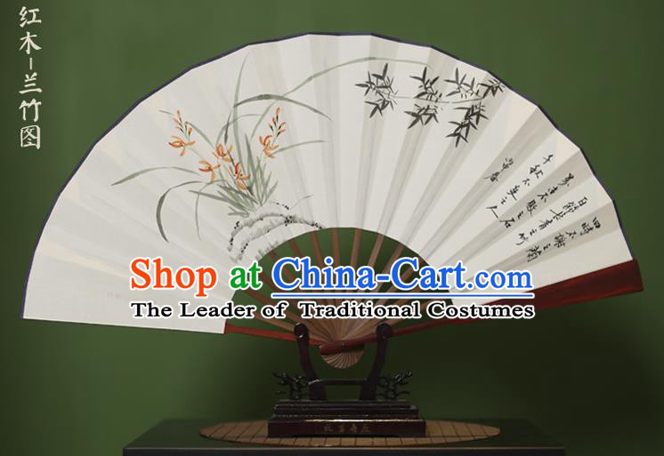 Traditional Chinese Crafts Ink Painting Orchid Bamboo Folding Fan, China Handmade Xuan Paper Fans for Men