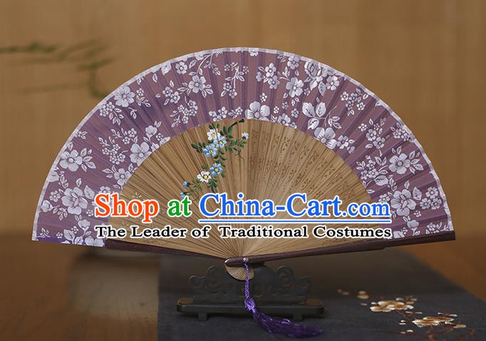 Traditional Chinese Crafts Folding Fan, China Printing Flowers Purple Silk Fans for Women