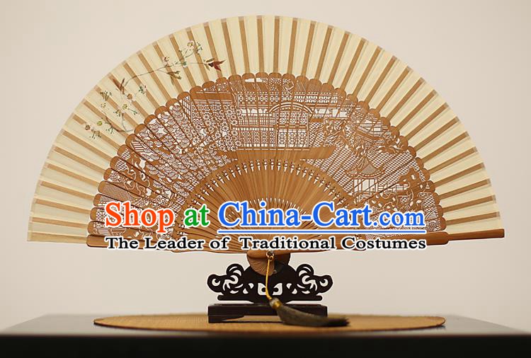 Traditional Chinese Crafts Hand Painting Silk Folding Fan, China Handmade Hollow Out Bamboo Fans for Women