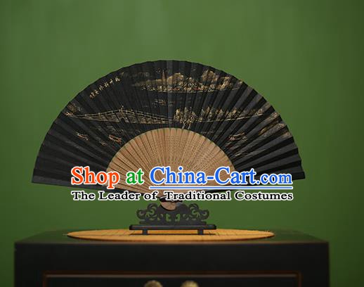 Traditional Chinese Crafts Hand Painting Su Causeway Silk Folding Fan, China Handmade Bamboo Fans for Women