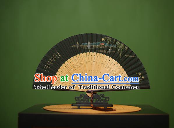 Traditional Chinese Crafts Hand Painting West Lake Silk Folding Fan, China Handmade Bamboo Fans for Women