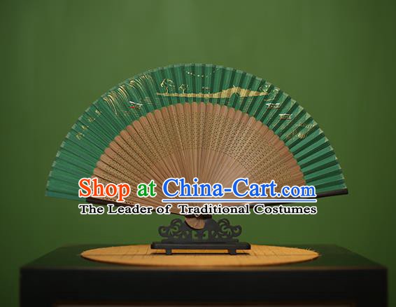 Traditional Chinese Crafts Hand Painting Leifeng Pagoda Green Silk Folding Fan, China Handmade Bamboo Fans for Women