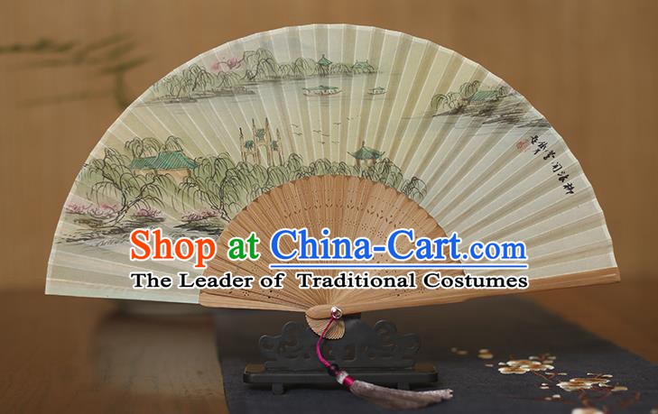 Traditional Chinese Crafts Printing Silk Folding Fan, China Handmade Bamboo Fans for Women