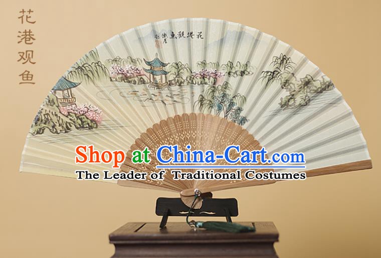 Traditional Chinese Crafts Printing Silk Folding Fan, China Handmade Bamboo Fans for Women