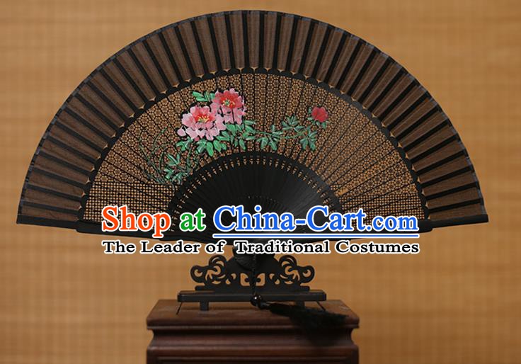 Traditional Chinese Crafts Hand Painting Peony Folding Fan, China Handmade Black Silk Fans for Women