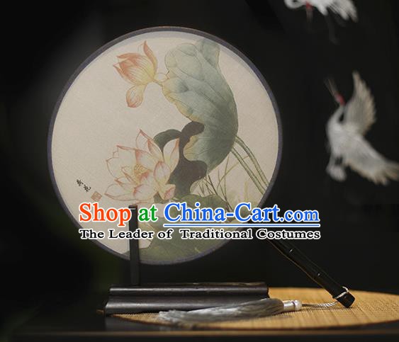 Traditional Chinese Crafts Printing Lotus Flowers Silk Round Fan, China Palace Fans Princess Circular Fans for Women