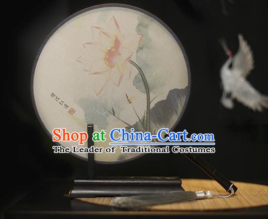 Traditional Chinese Crafts Printing Lotus Silk Round Fan, China Palace Fans Princess Circular Fans for Women