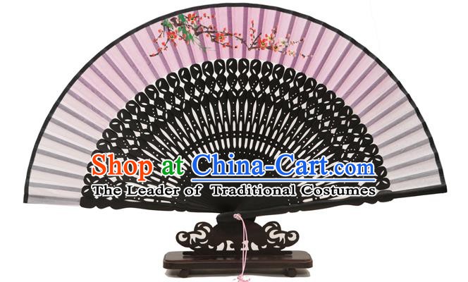 Traditional Chinese Crafts Pink Silk Folding Fan, China Handmade Printing Plum Blossom Fans for Women