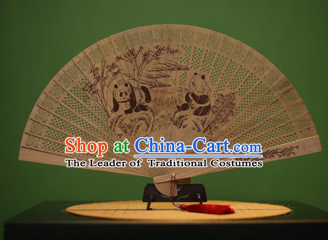 Traditional Chinese Crafts Sandalwood Folding Fan, China Handmade Carving Panda Incienso Fans for Women