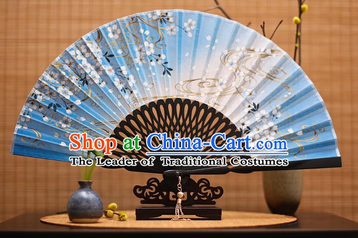 Traditional Chinese Crafts Printing Flowers Classical Folding Fan, China Handmade Blue Silk Fans for Women