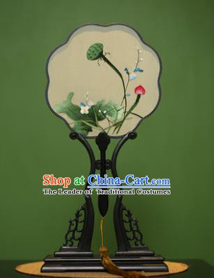 Traditional Chinese Crafts Suzhou Embroidery Palace Fan, China Princess Embroidered Lotus Seedpod Silk Fans for Women