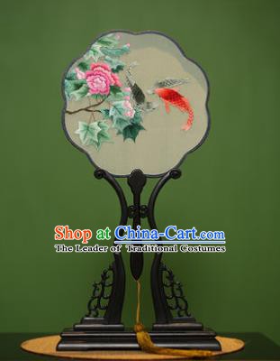 Traditional Chinese Crafts Suzhou Embroidery Palace Fan, China Princess Embroidered Peony Fish Silk Fans for Women