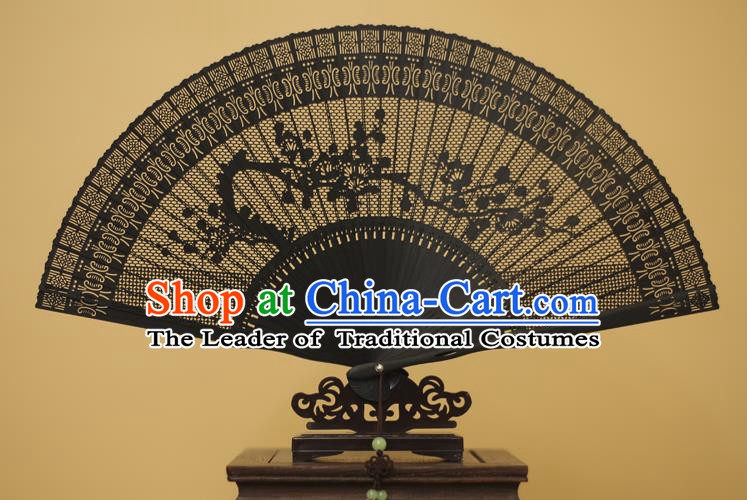 Traditional Chinese Crafts Hollow Out Plum Blossom Folding Fan, China Handmade Sandalwood Black Fans for Women