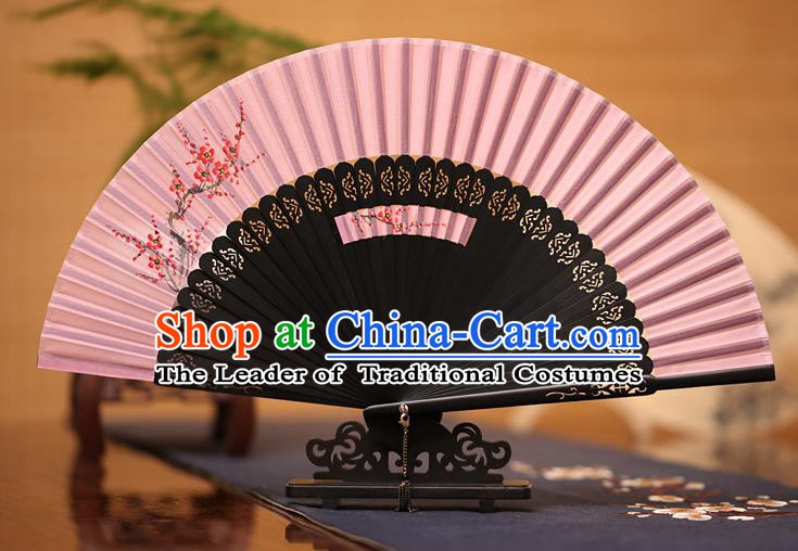 Traditional Chinese Crafts Printing Plum Blossom Folding Fan, China Handmade Classical Pink Silk Fans for Women