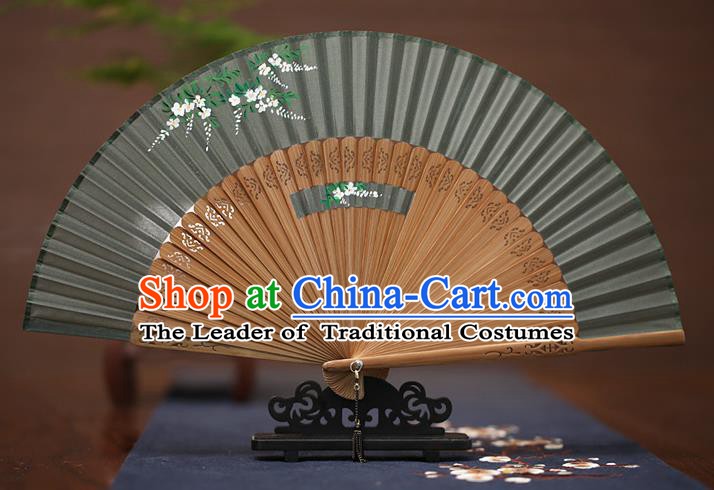 Traditional Chinese Crafts Printing Wisteria Folding Fan, China Handmade Classical Grey Silk Fans for Women