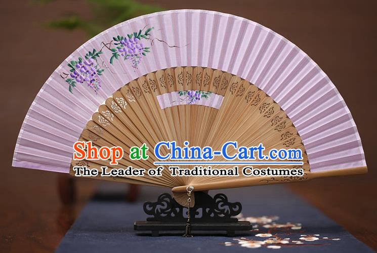 Traditional Chinese Crafts Printing Wisteria Folding Fan, China Handmade Classical Lilac Silk Fans for Women