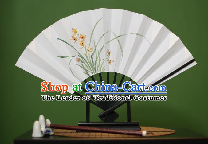 Traditional Chinese Crafts Printing Orchid Paper Folding Fan, China Handmade Classical Fans for Women