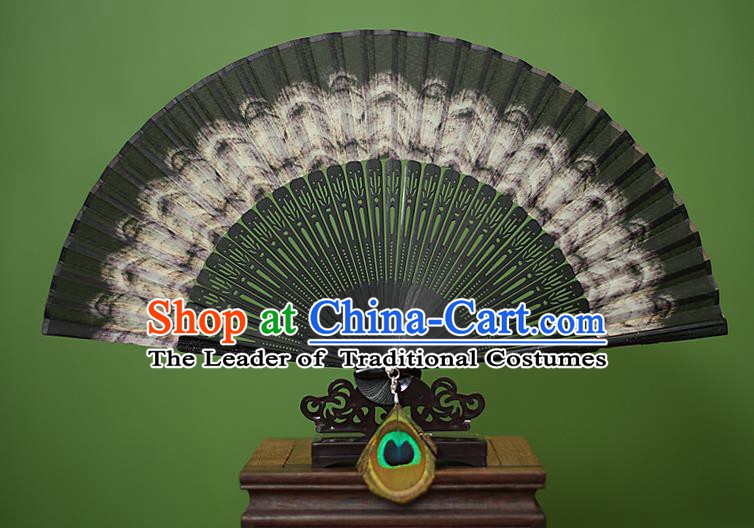 Traditional Chinese Crafts Peacock Spreads Tail Folding Fan, China Handmade Classical Black Silk Fans for Women